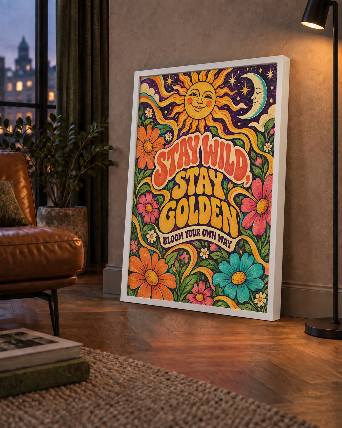 Retro Güneş ve Çiçek Desenli 70'ler Stil Poster — çerçeveli hâliyle bir ev duvarında