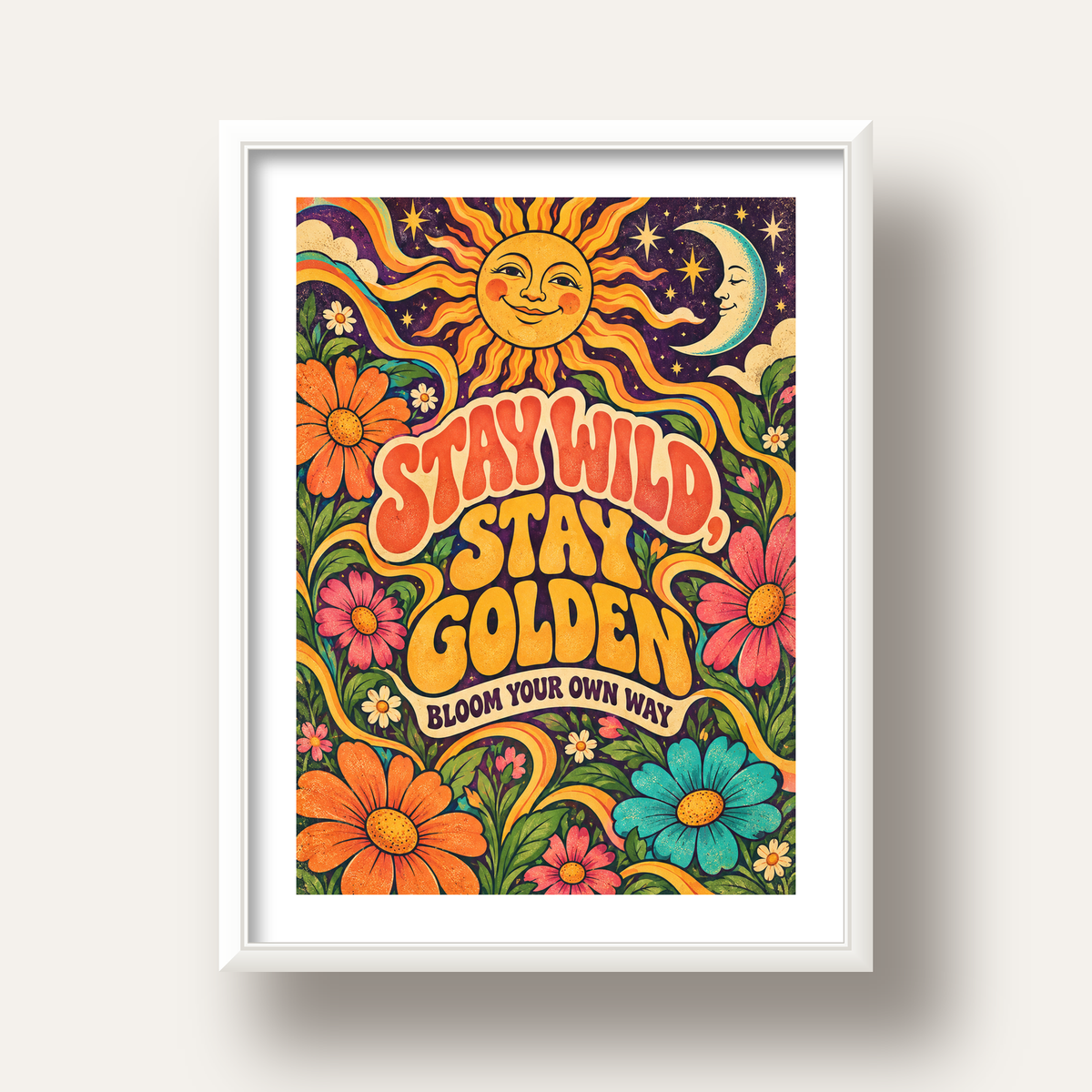 Retro Güneş ve Çiçek Desenli 70'ler Stil Poster — beyaz derin çerçeveli paspartulu