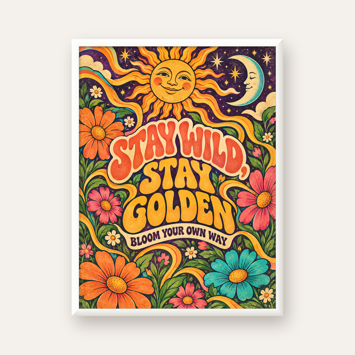 Retro Güneş ve Çiçek Desenli 70'ler Stil Poster — beyaz çerçeveli dikey poster