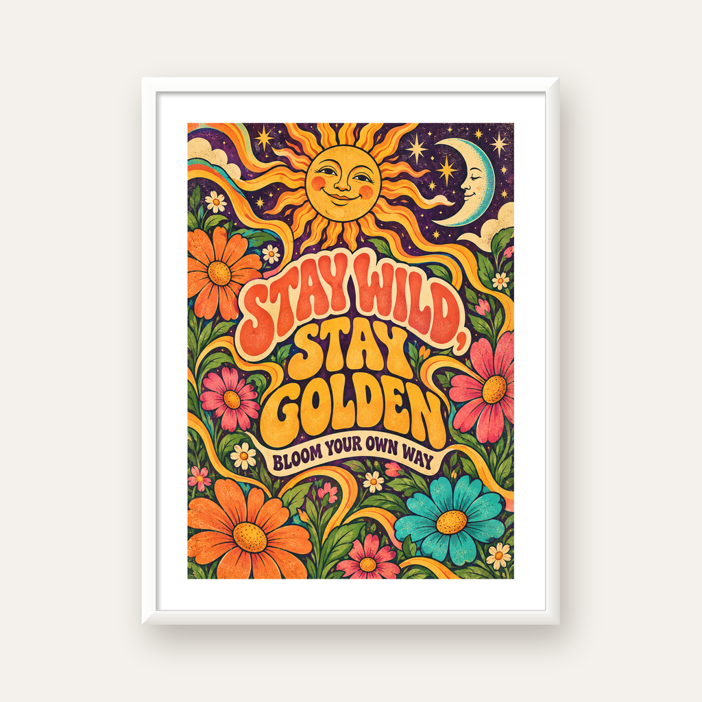 Retro Güneş ve Çiçek Desenli 70'ler Stil Poster — beyaz çerçeveli dikey poster