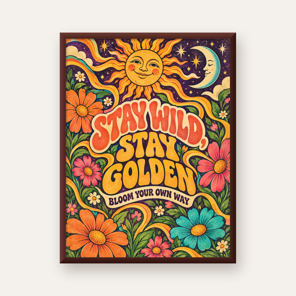 Retro Güneş ve Çiçek Desenli 70'ler Stil Poster — ceviz çerçeveli