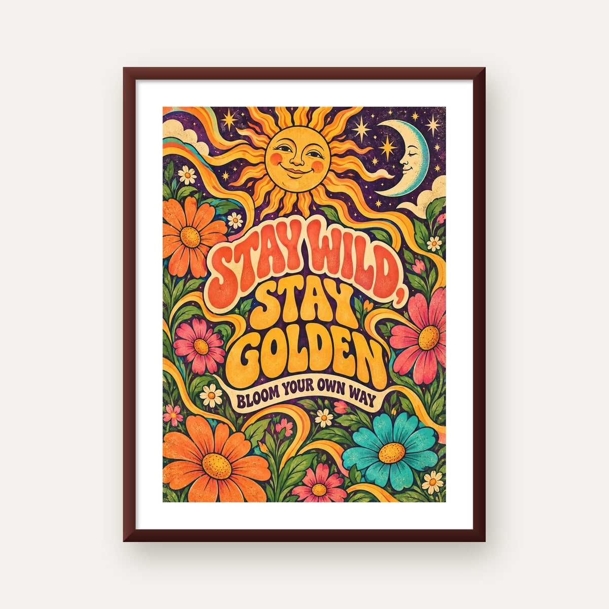 Retro Güneş ve Çiçek Desenli 70'ler Stil Poster — ceviz çerçeveli paspartulu