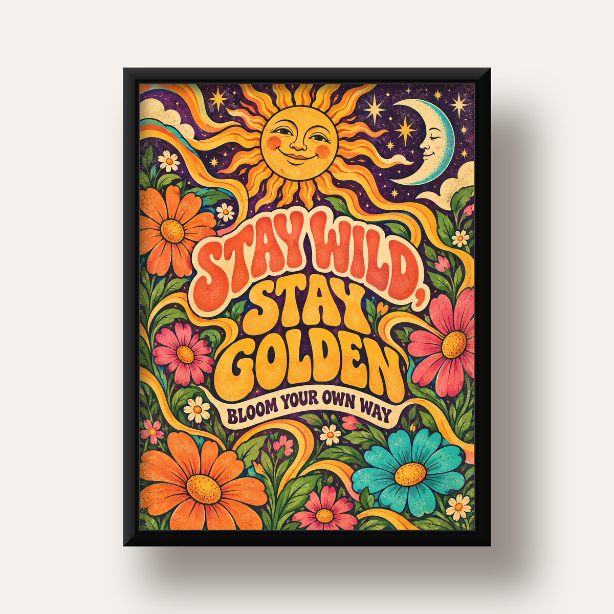 Retro Güneş ve Çiçek Desenli 70'ler Stil Poster — siyah derin çerçeveli