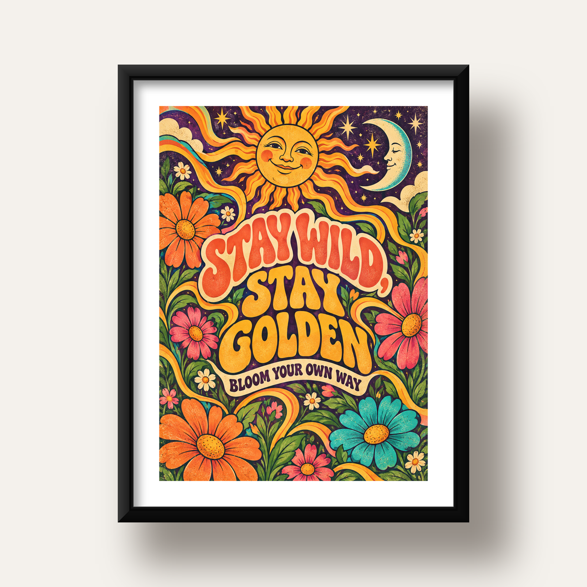 Retro Güneş ve Çiçek Desenli 70'ler Stil Poster — siyah derin çerçeveli paspartulu