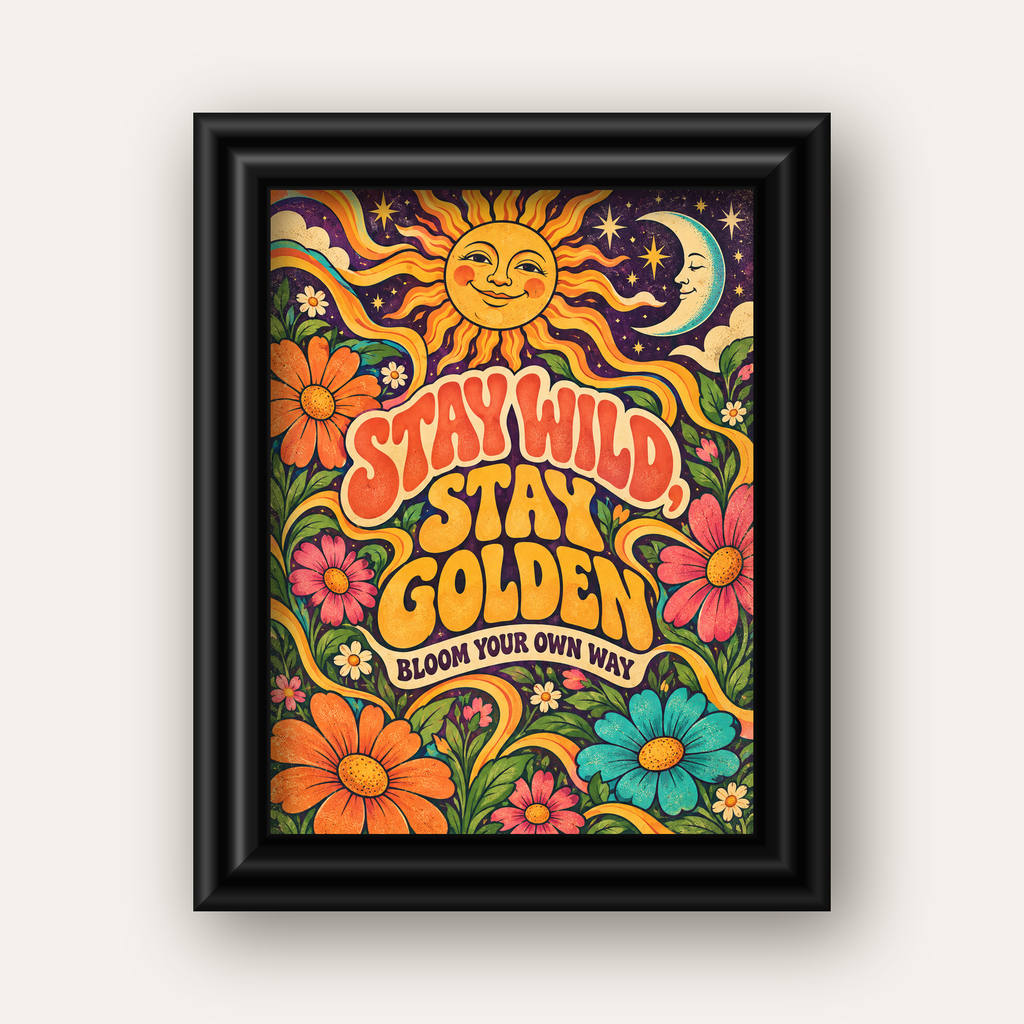 Retro Güneş ve Çiçek Desenli 70'ler Stil Poster — siyah galeri çerçeveli