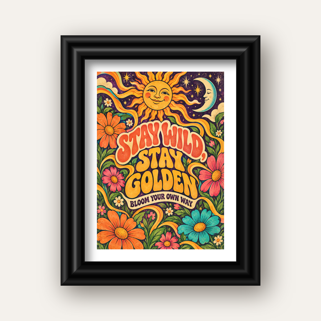 Retro Güneş ve Çiçek Desenli 70'ler Stil Poster — siyah galeri çerçeveli paspartulu