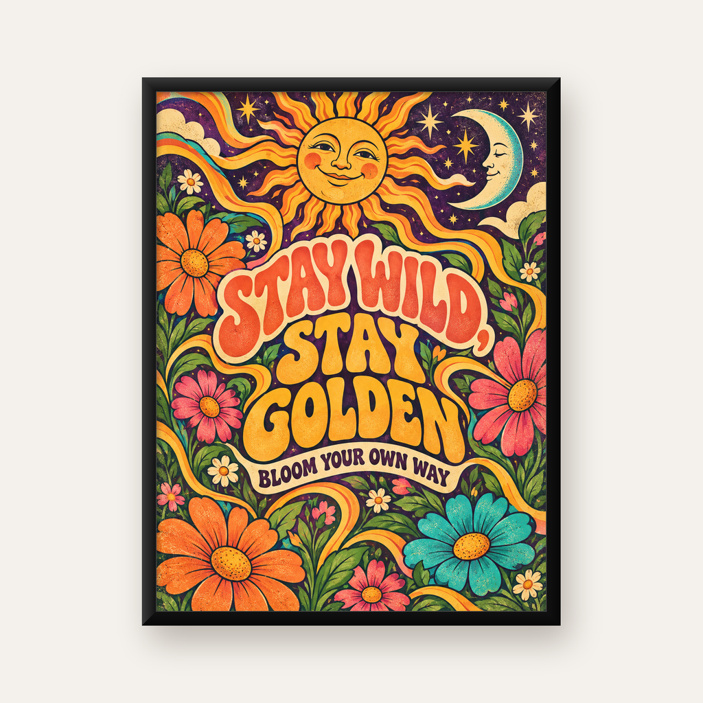 Retro Güneş ve Çiçek Desenli 70'ler Stil Poster — Dikey baskı, düz siyah çerçeveli duvar posteri