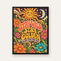 Retro Güneş ve Çiçek Desenli 70'ler Stil Poster — Dikey baskı, düz siyah çerçeveli duvar posteri