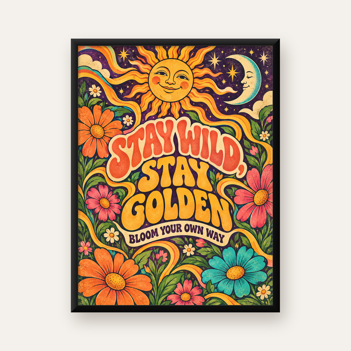 Retro Güneş ve Çiçek Desenli 70'ler Stil Poster — Dikey baskı, düz siyah çerçeveli duvar posteri
