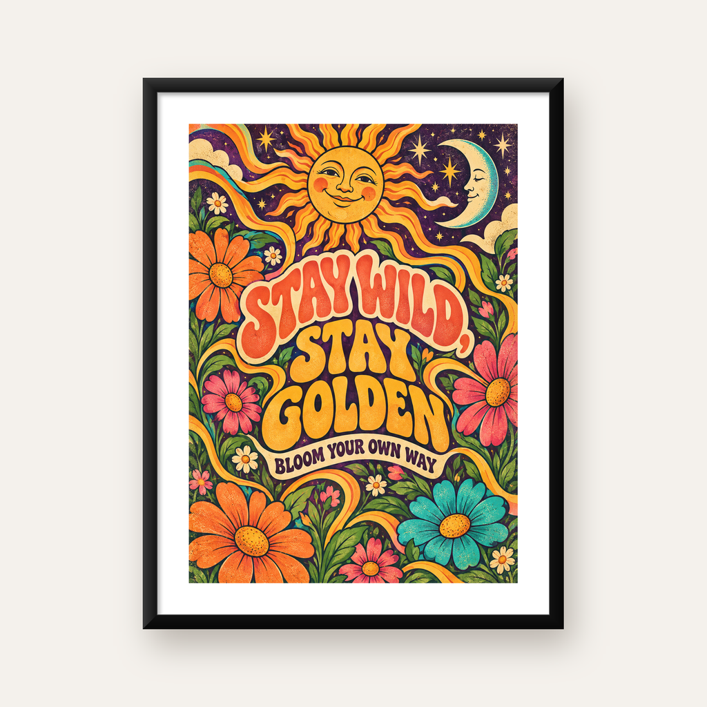 Retro Güneş ve Çiçek Desenli 70'ler Stil Poster — Dikey baskı, beyaz paspartulu
