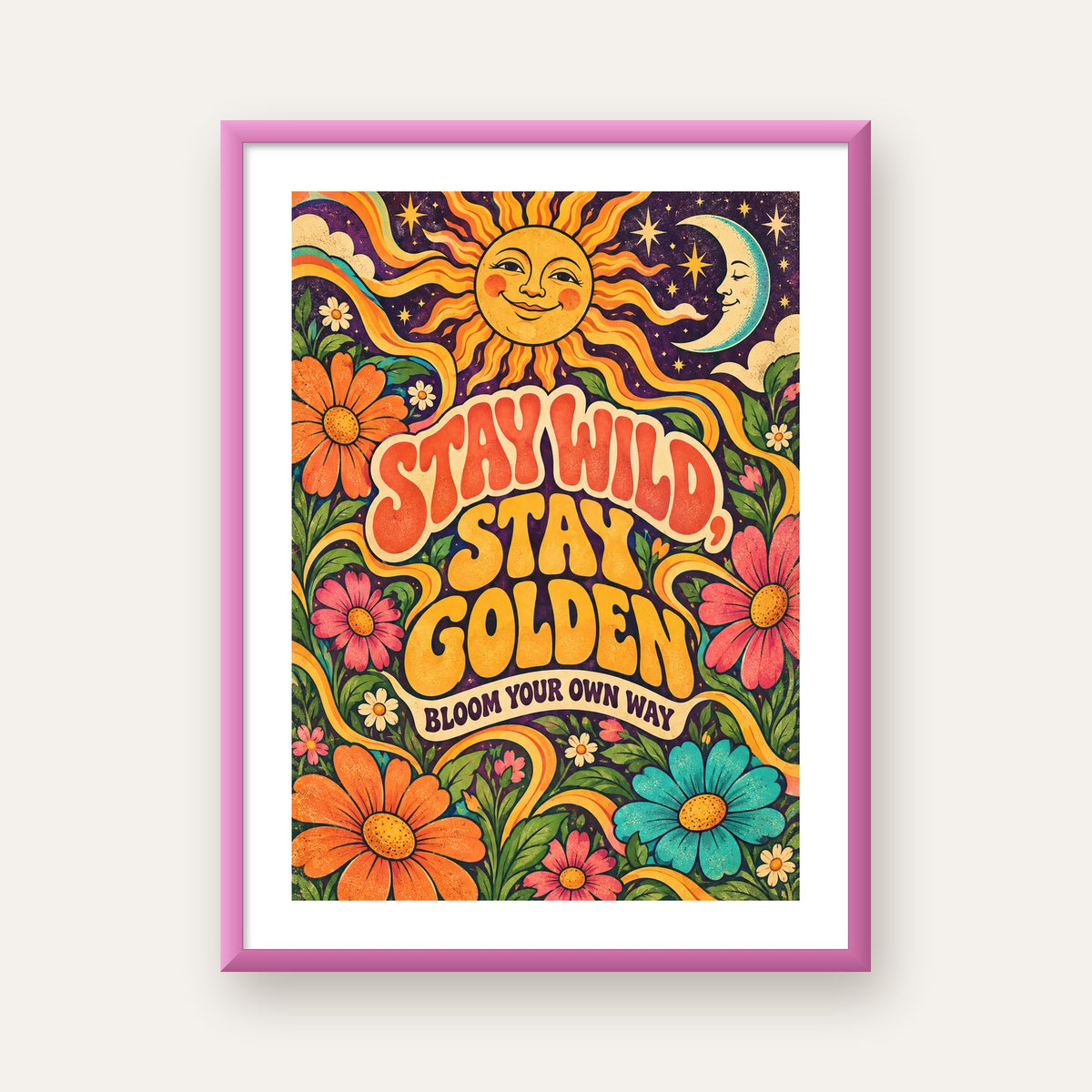 Retro Güneş ve Çiçek Desenli 70'ler Stil Poster — pembe çerçeveli paspartulu