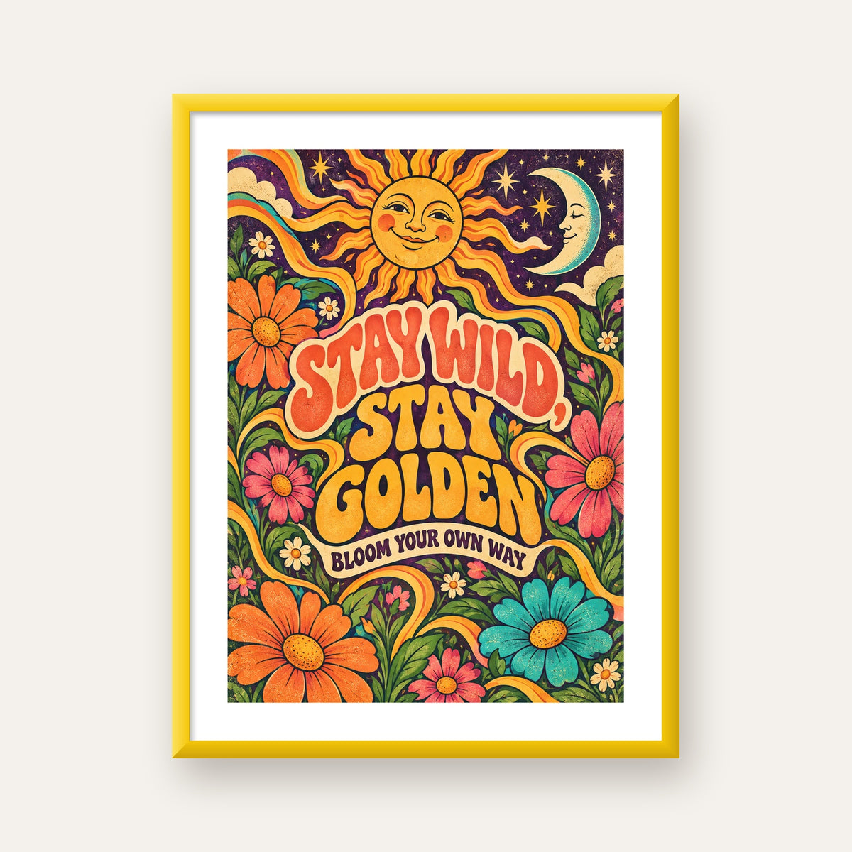 Retro Güneş ve Çiçek Desenli 70'ler Stil Poster — sarı çerçeveli paspartulu