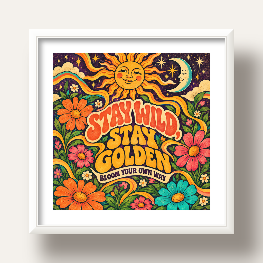 Retro Güneş ve Çiçek Desenli 70'ler Stil Poster — beyaz derin çerçeveli paspartulu