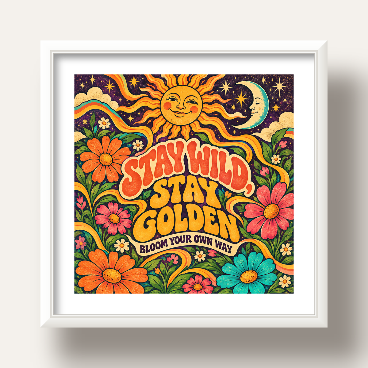 Retro Güneş ve Çiçek Desenli 70'ler Stil Poster — beyaz derin çerçeveli paspartulu