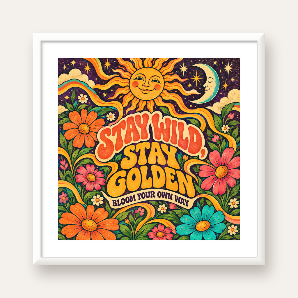 Retro Güneş ve Çiçek Desenli 70'ler Stil Poster — beyaz çerçeveli kare poster