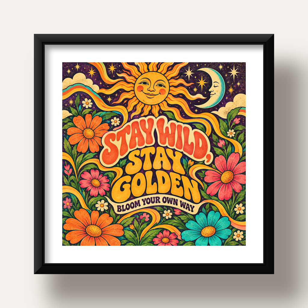 Retro Güneş ve Çiçek Desenli 70'ler Stil Poster — siyah derin çerçeveli paspartulu