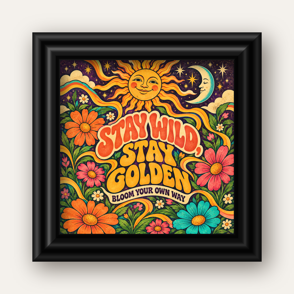 Retro Güneş ve Çiçek Desenli 70'ler Stil Poster — siyah galeri çerçeveli