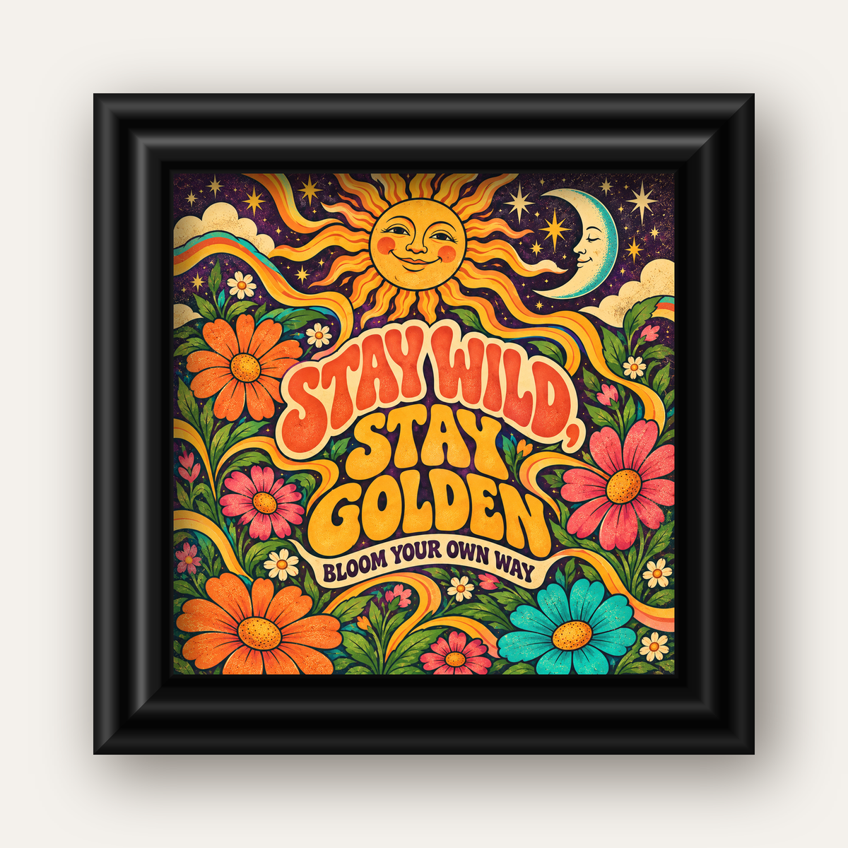Retro Güneş ve Çiçek Desenli 70'ler Stil Poster — siyah galeri çerçeveli