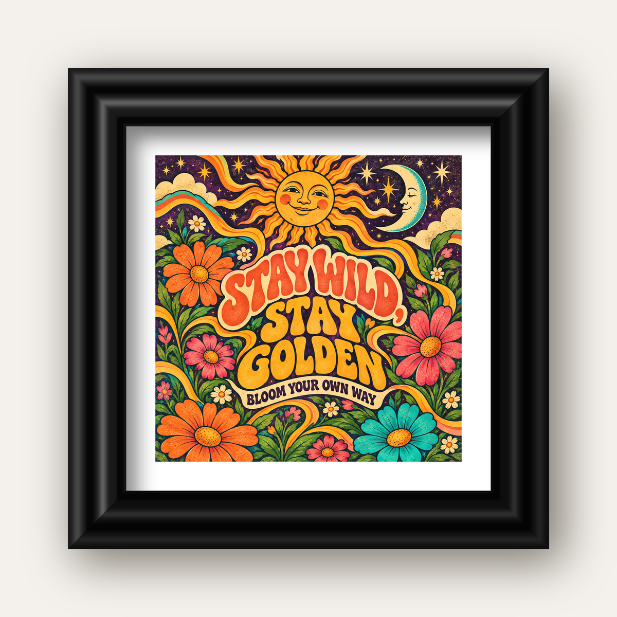 Retro Güneş ve Çiçek Desenli 70'ler Stil Poster — siyah galeri çerçeveli paspartulu