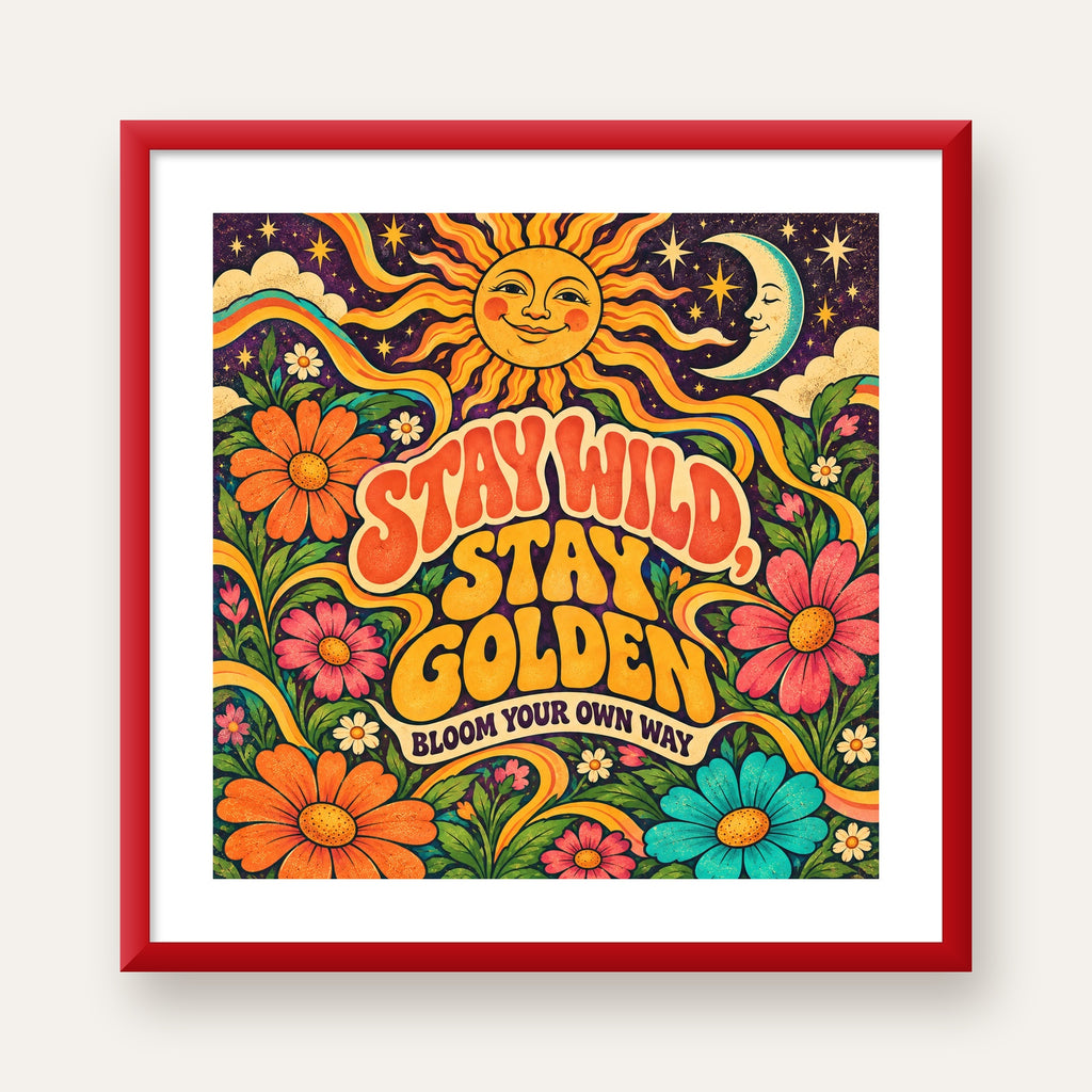Retro Güneş ve Çiçek Desenli 70'ler Stil Poster — kırmızı çerçeveli paspartulu