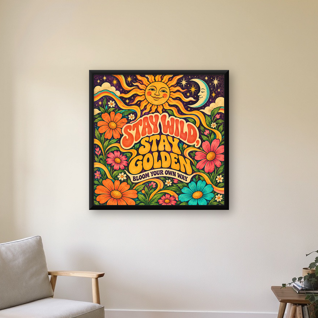 Retro Güneş ve Çiçek Desenli 70'ler Stil Poster — Kare baskı, çerçeveli hâliyle bir ev duvarında