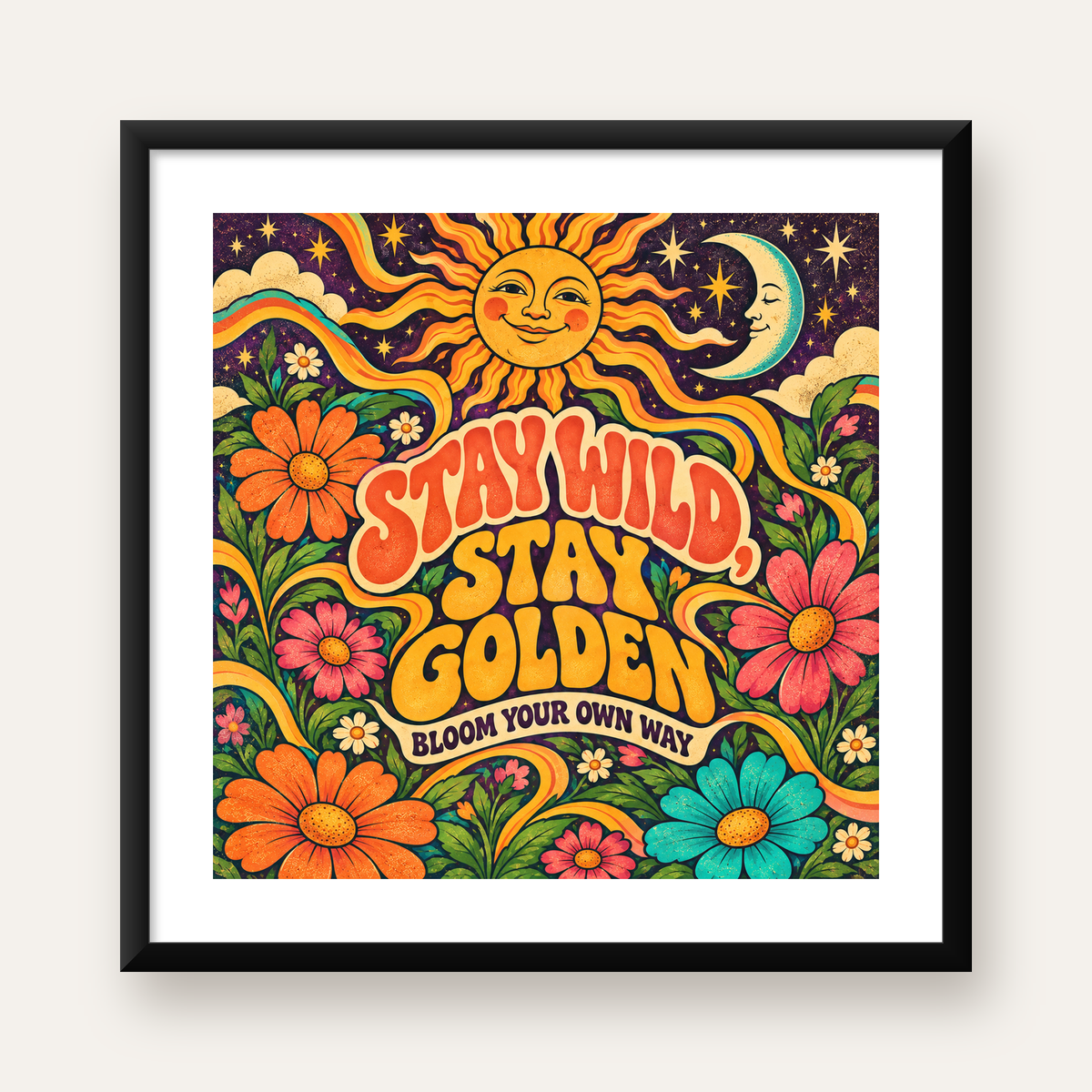 Retro Güneş ve Çiçek Desenli 70'ler Stil Poster — Kare baskı, beyaz paspartulu