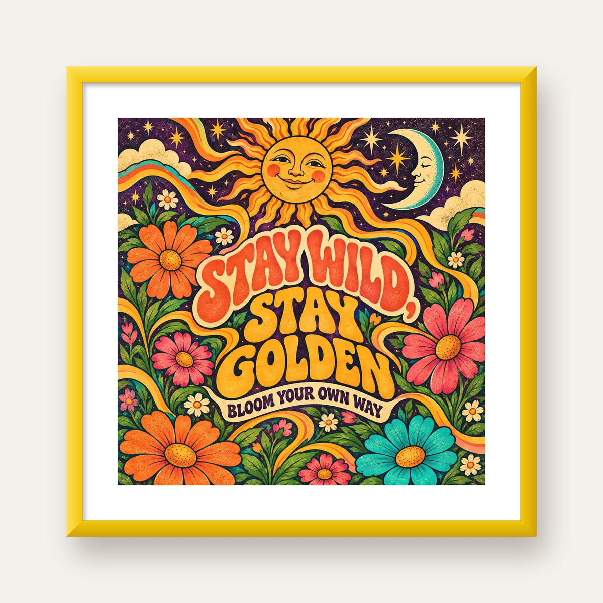 Retro Güneş ve Çiçek Desenli 70'ler Stil Poster — sarı çerçeveli paspartulu