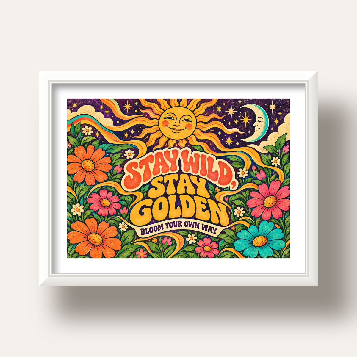 Retro Güneş ve Çiçek Desenli 70'ler Stil Poster — beyaz derin çerçeveli paspartulu