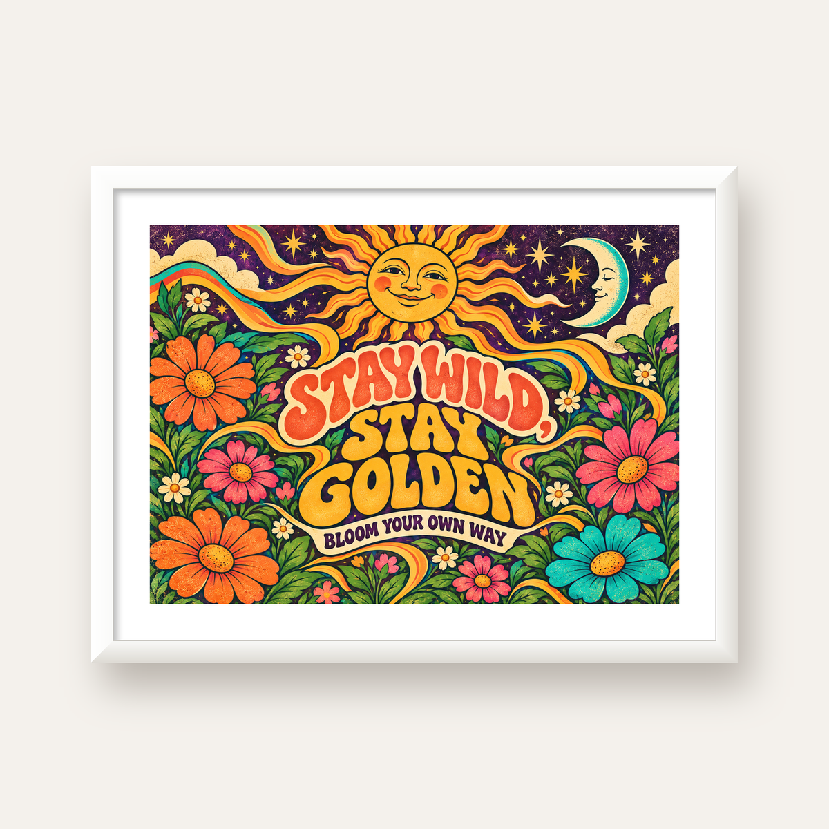 Retro Güneş ve Çiçek Desenli 70'ler Stil Poster — beyaz çerçeveli yatay poster