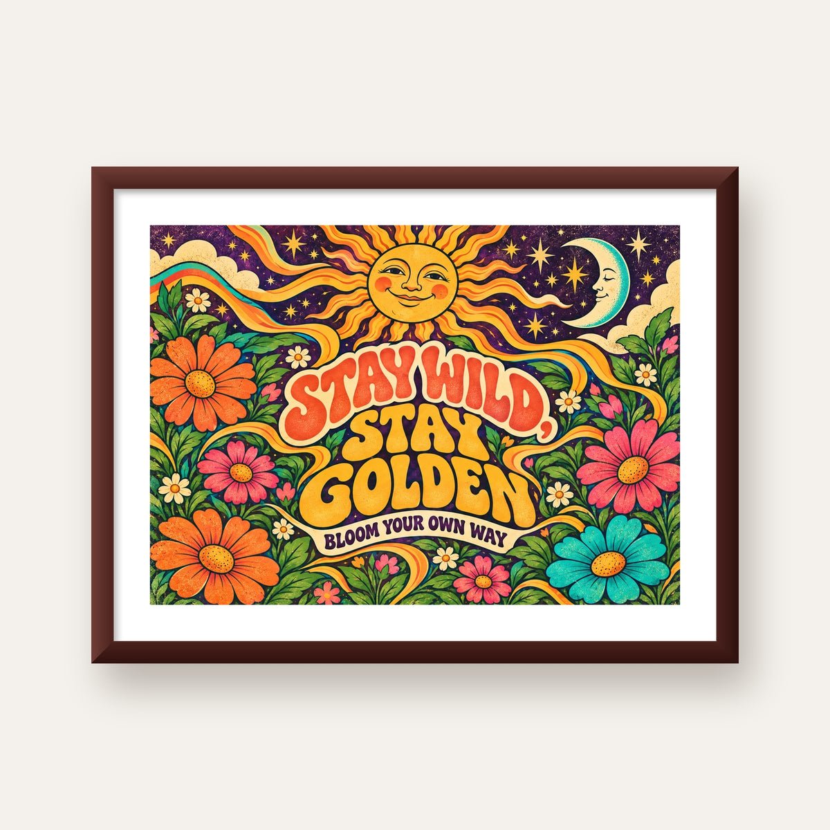 Retro Güneş ve Çiçek Desenli 70'ler Stil Poster — ceviz çerçeveli paspartulu