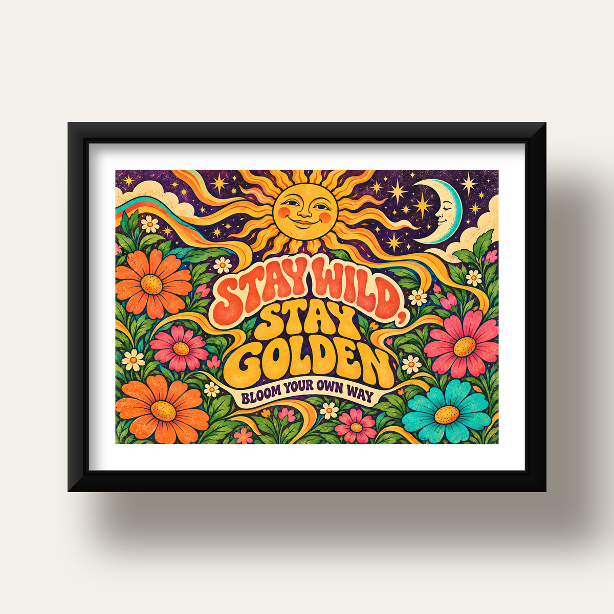 Retro Güneş ve Çiçek Desenli 70'ler Stil Poster — siyah derin çerçeveli paspartulu