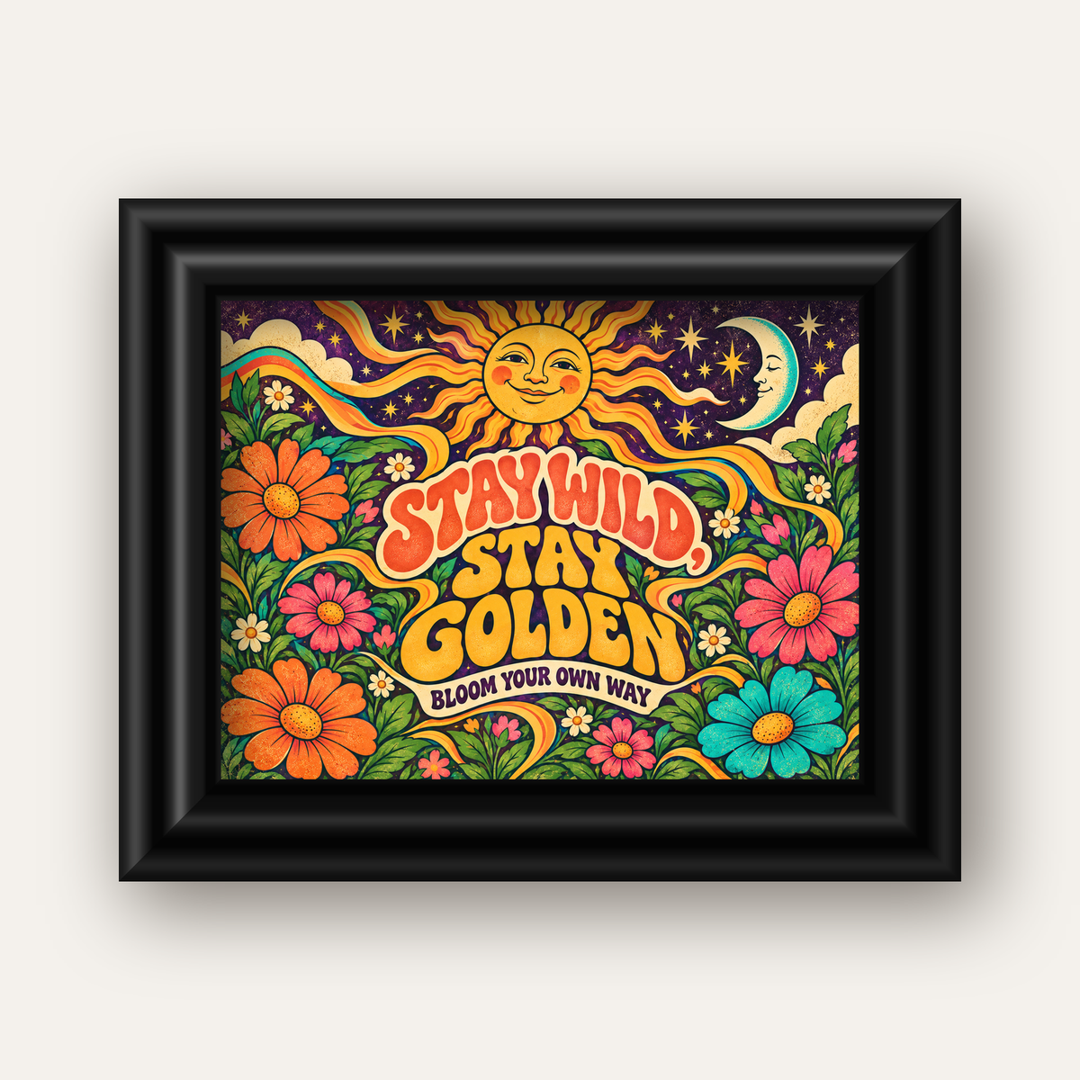 Retro Güneş ve Çiçek Desenli 70'ler Stil Poster — siyah galeri çerçeveli