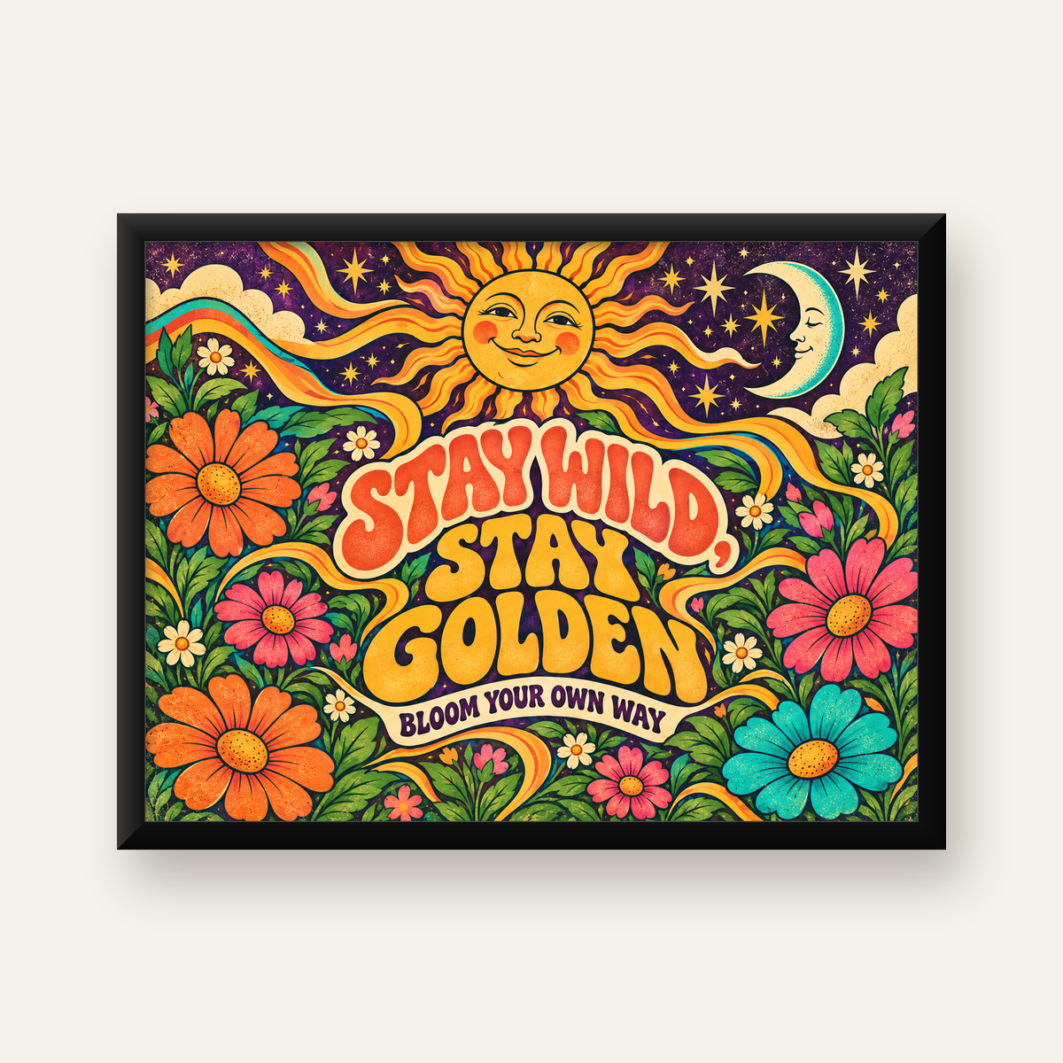 Retro Güneş ve Çiçek Desenli 70'ler Stil Poster — Yatay baskı, düz siyah çerçeveli duvar posteri
