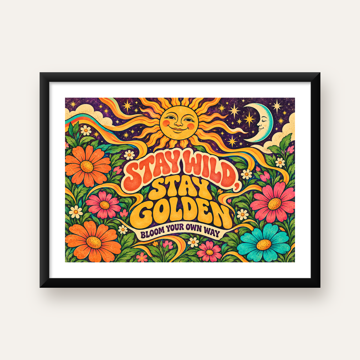 Retro Güneş ve Çiçek Desenli 70'ler Stil Poster — Yatay baskı, beyaz paspartulu