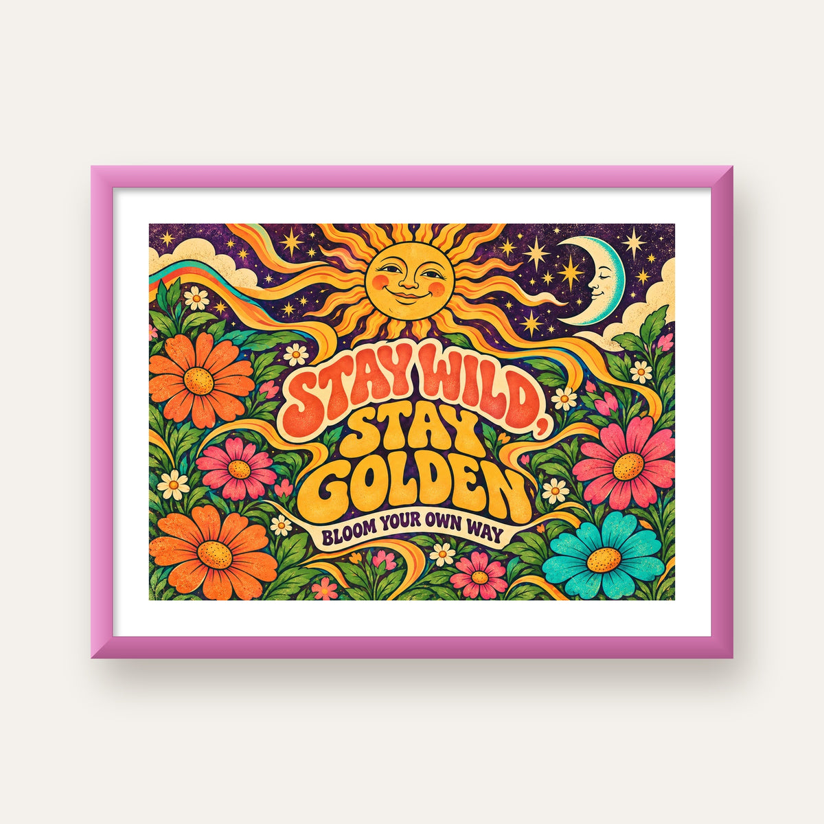Retro Güneş ve Çiçek Desenli 70'ler Stil Poster — pembe çerçeveli paspartulu