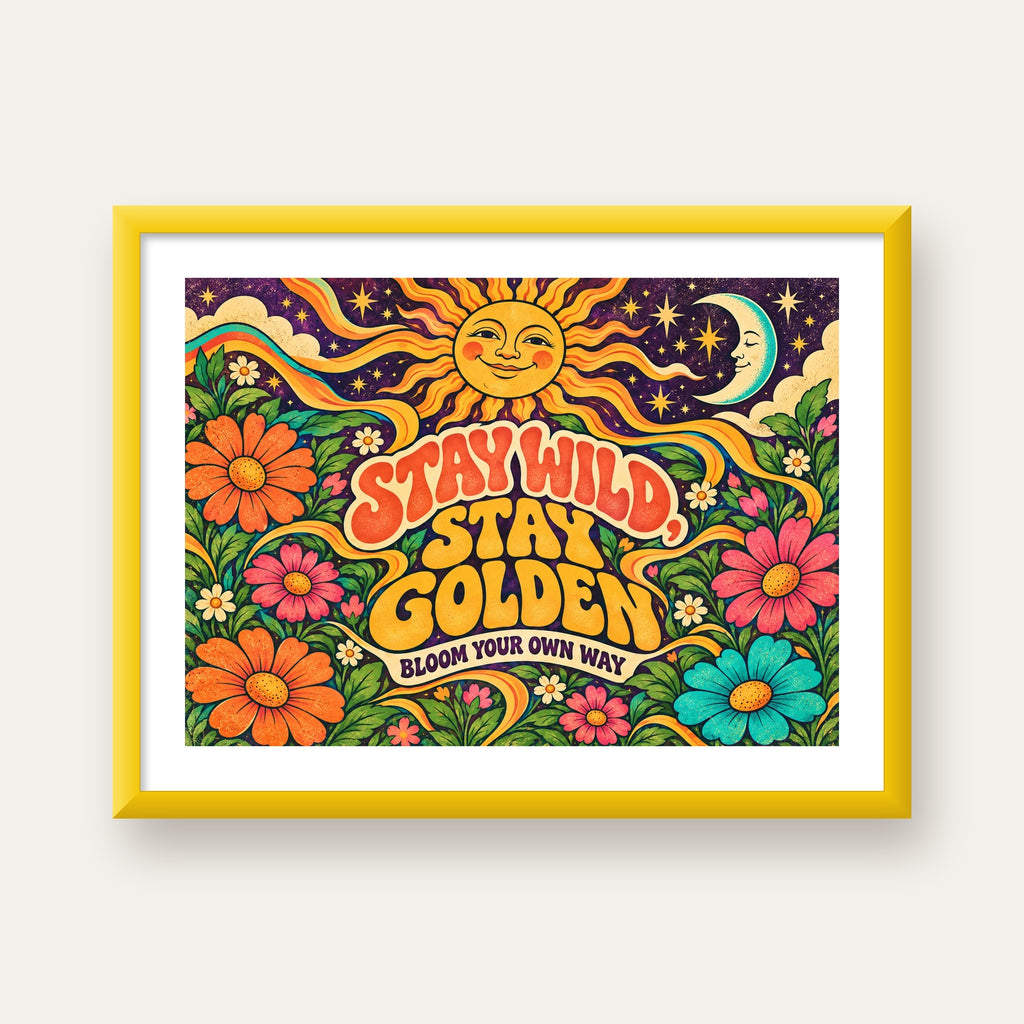 Retro Güneş ve Çiçek Desenli 70'ler Stil Poster — sarı çerçeveli paspartulu