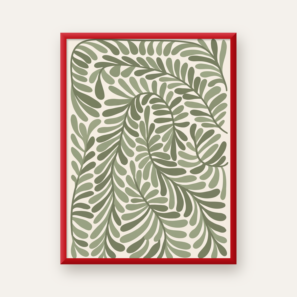 Suluboya Yaprak Desenli Modern Poster - Sade ve Doğal — kırmızı çerçeveli