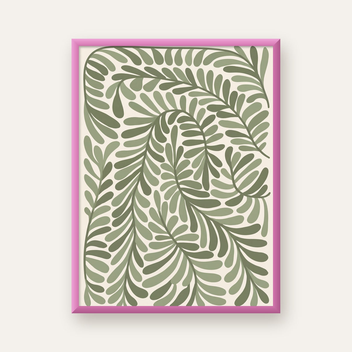Suluboya Yaprak Desenli Modern Poster - Sade ve Doğal — pembe çerçeveli