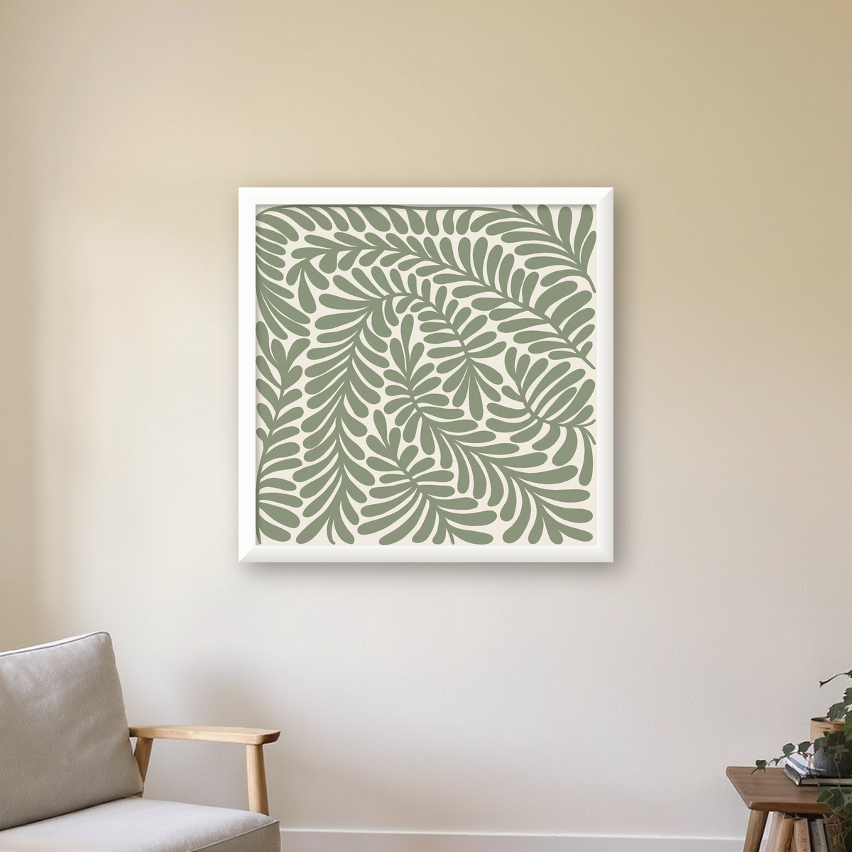 Suluboya Yaprak Desenli Modern Poster - Sade ve Doğal — beyaz çerçeveli kare poster