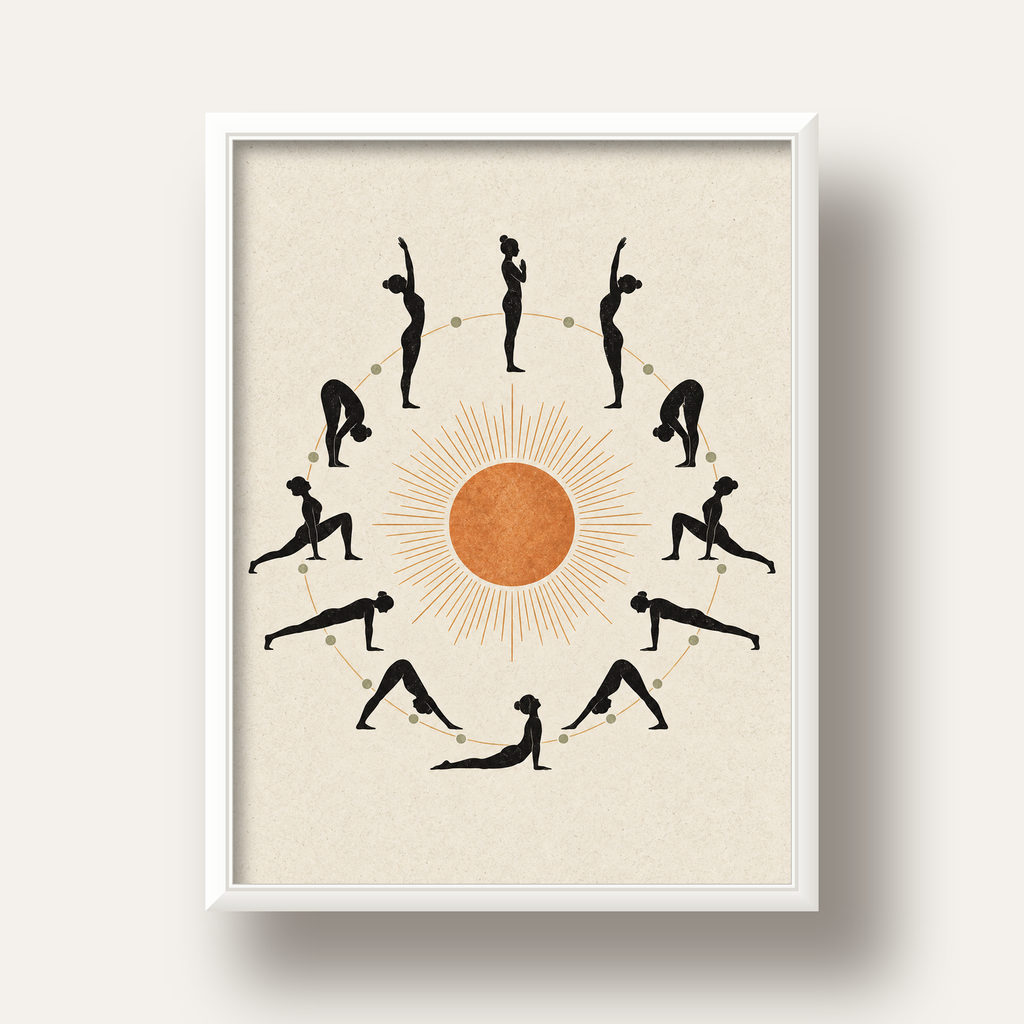 Güneş Selamı Döngüsü Yoga Poster — beyaz derin çerçeveli