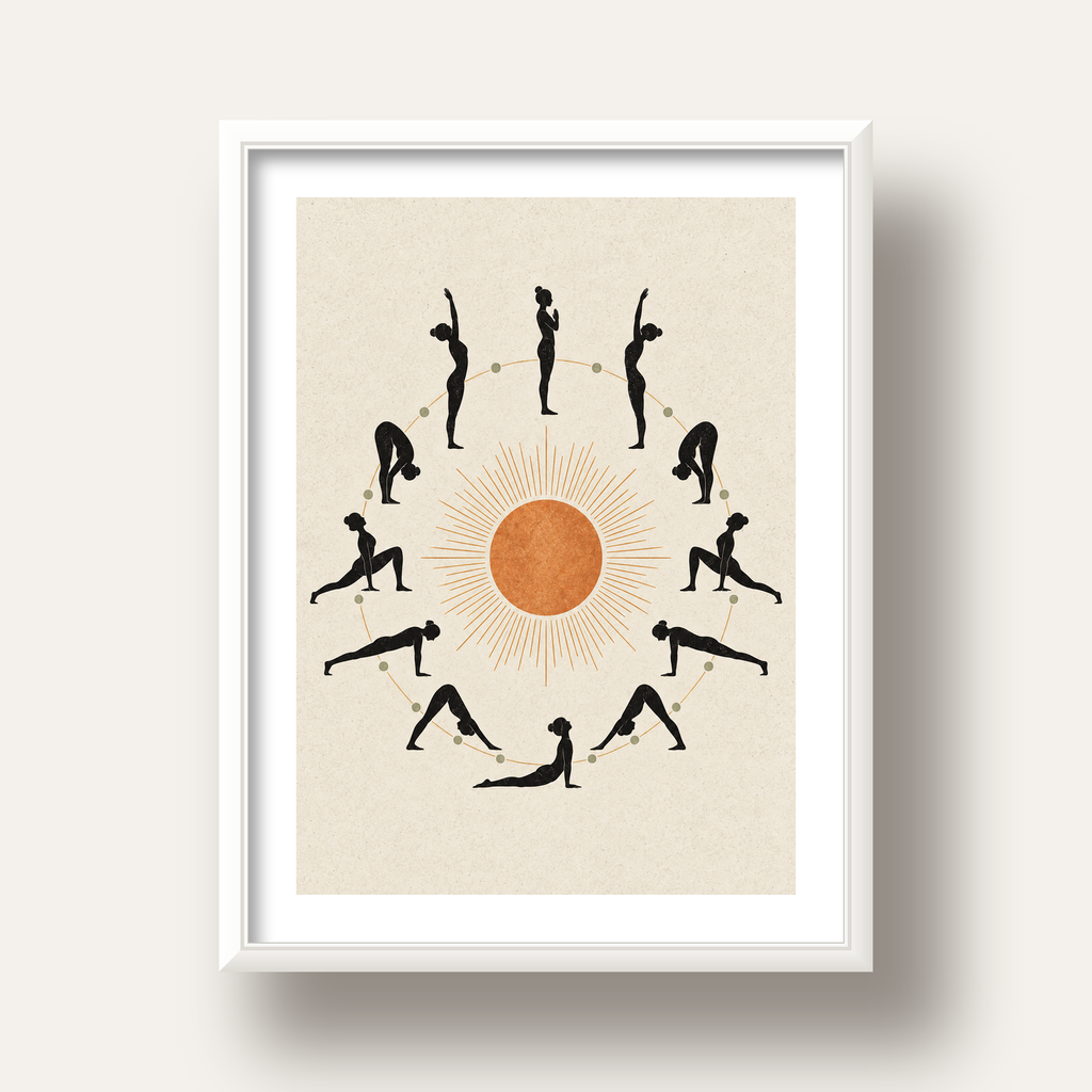 Güneş Selamı Döngüsü Yoga Poster — beyaz derin çerçeveli paspartulu