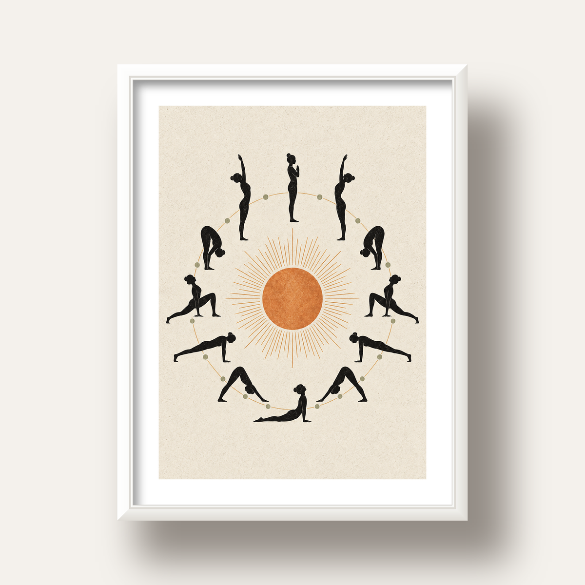 Güneş Selamı Döngüsü Yoga Poster — beyaz derin çerçeveli paspartulu