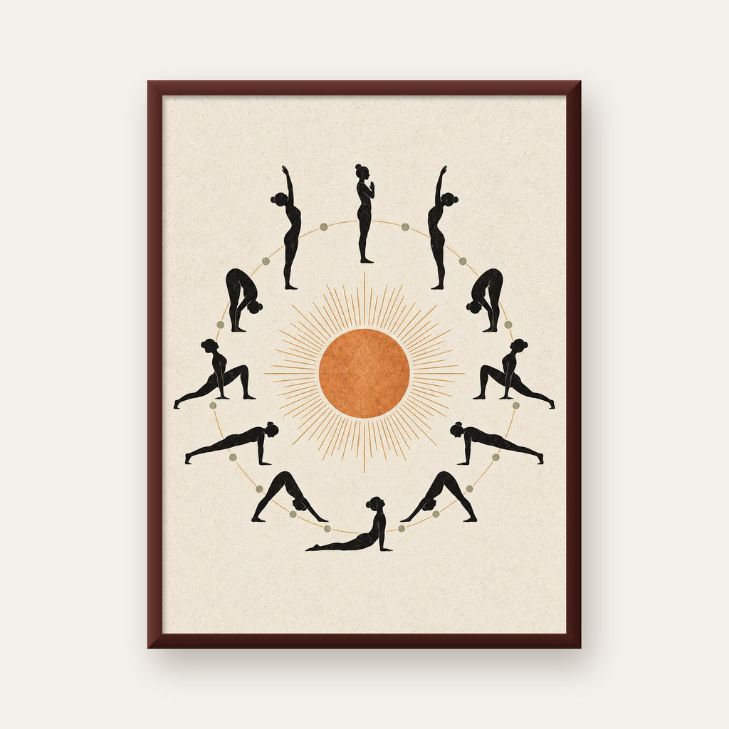 Güneş Selamı Döngüsü Yoga Poster — ceviz çerçeveli