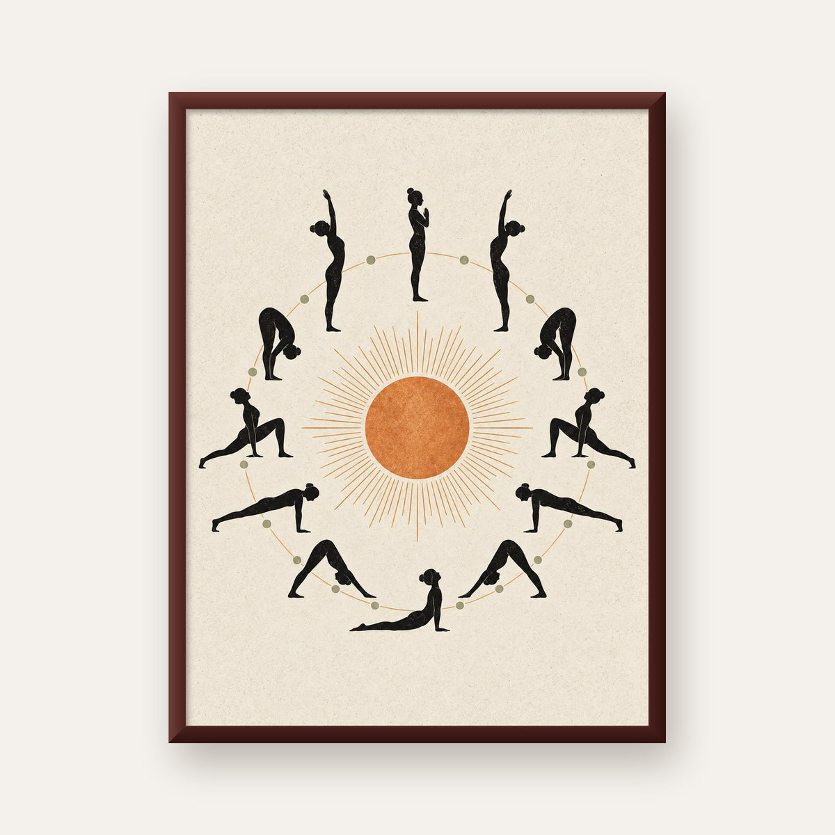 Güneş Selamı Döngüsü Yoga Poster — ceviz çerçeveli