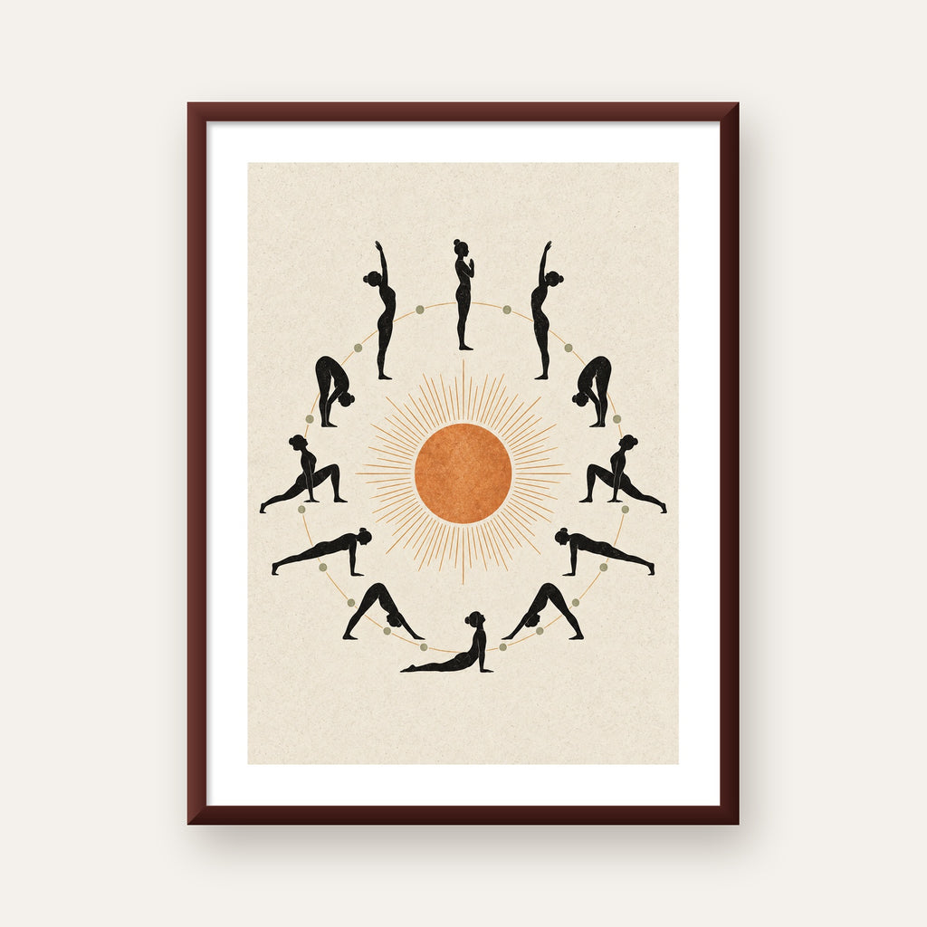 Güneş Selamı Döngüsü Yoga Poster — ceviz çerçeveli paspartulu
