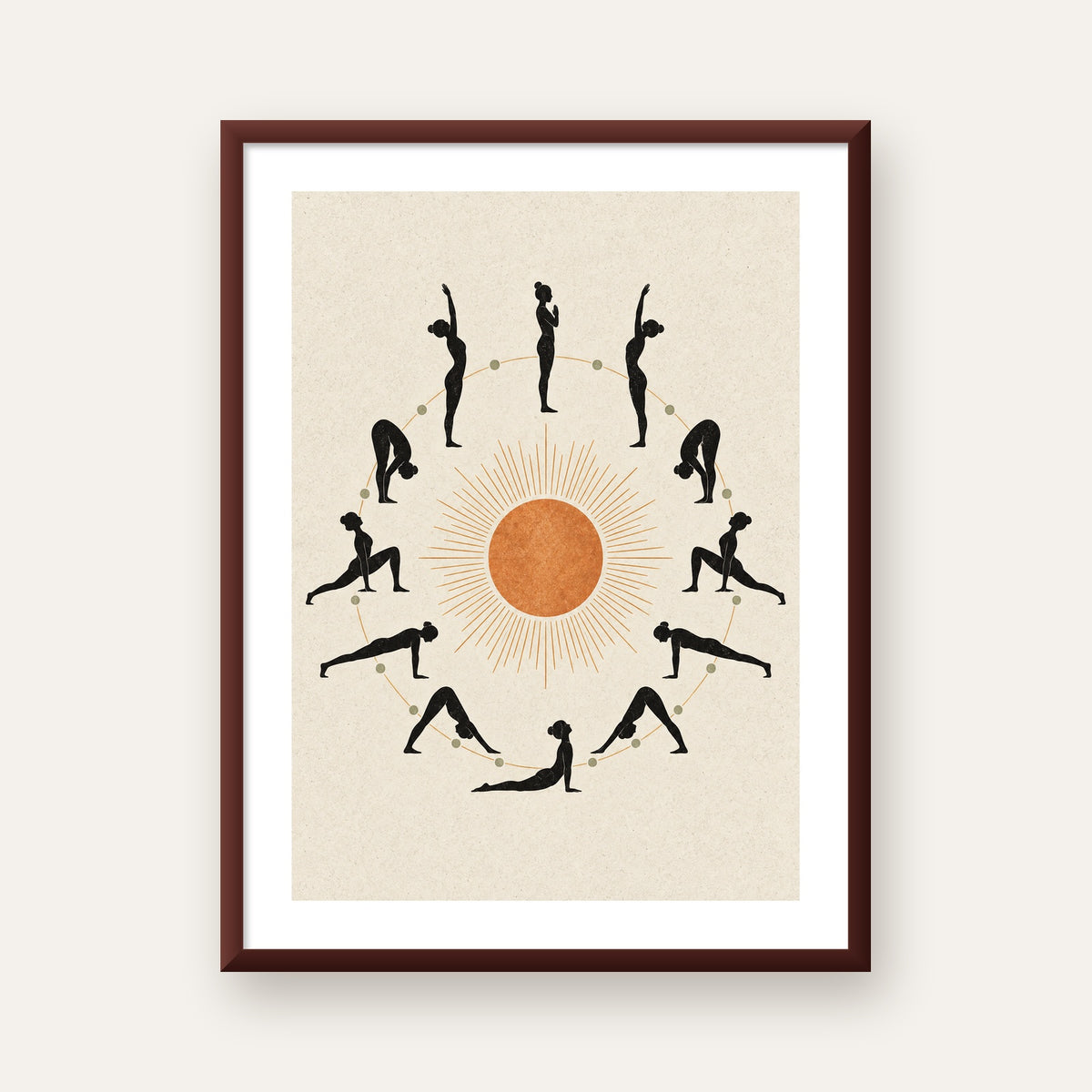 Güneş Selamı Döngüsü Yoga Poster — ceviz çerçeveli paspartulu