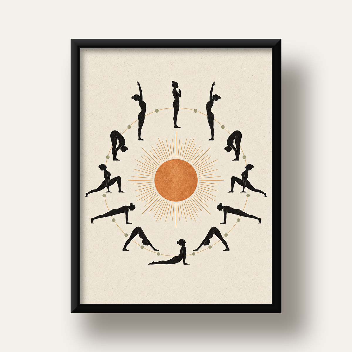 Güneş Selamı Döngüsü Yoga Poster — siyah derin çerçeveli