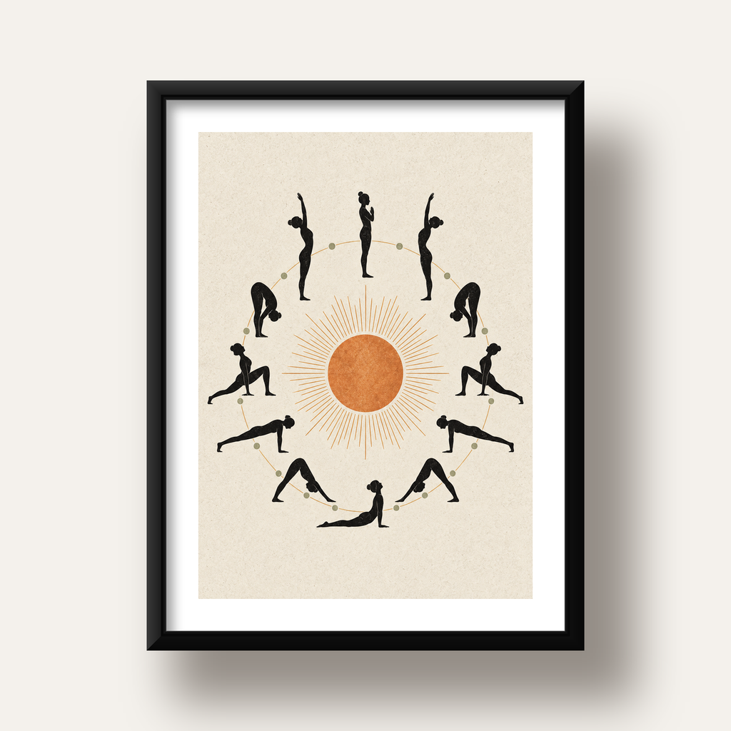 Güneş Selamı Döngüsü Yoga Poster — siyah derin çerçeveli paspartulu