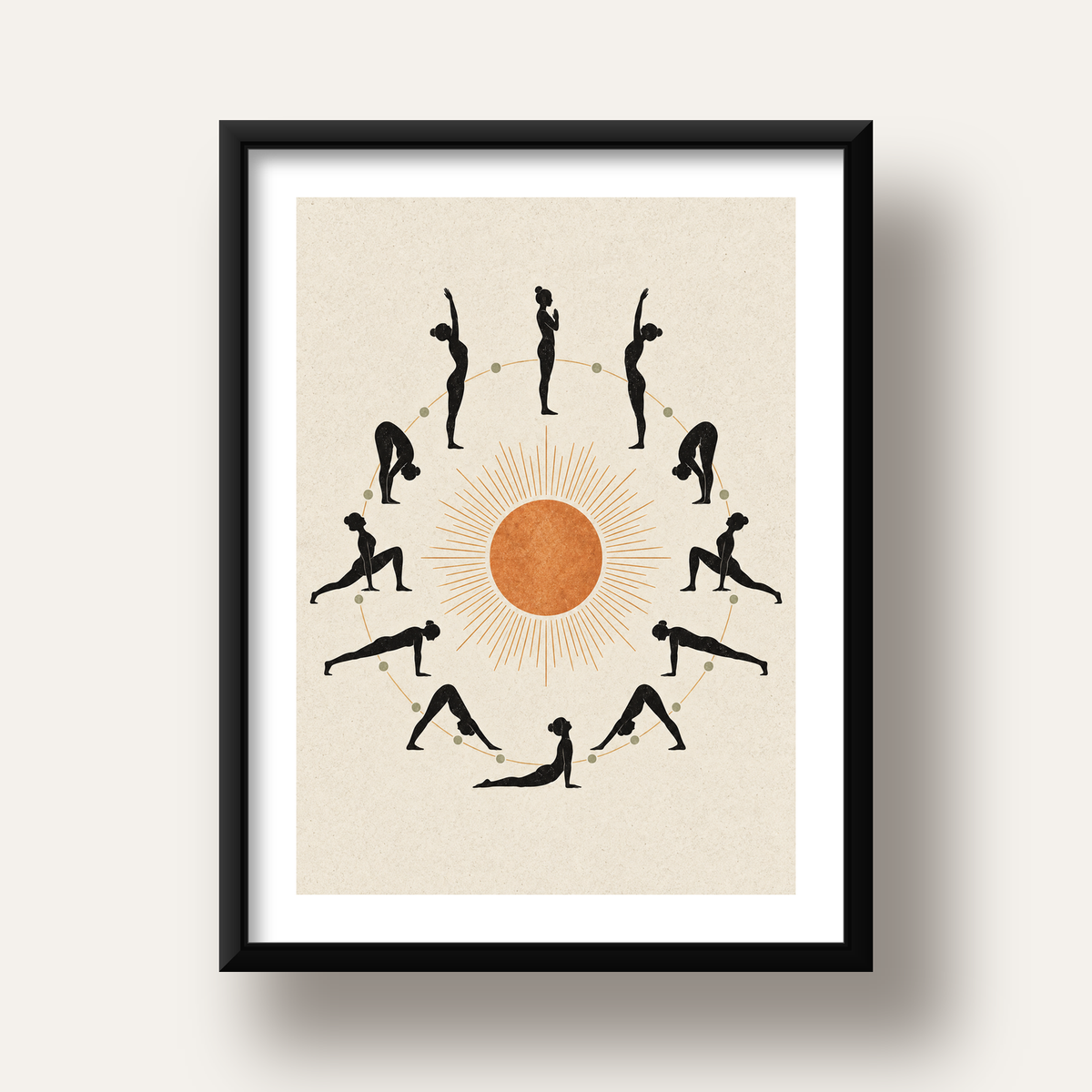 Güneş Selamı Döngüsü Yoga Poster — siyah derin çerçeveli paspartulu