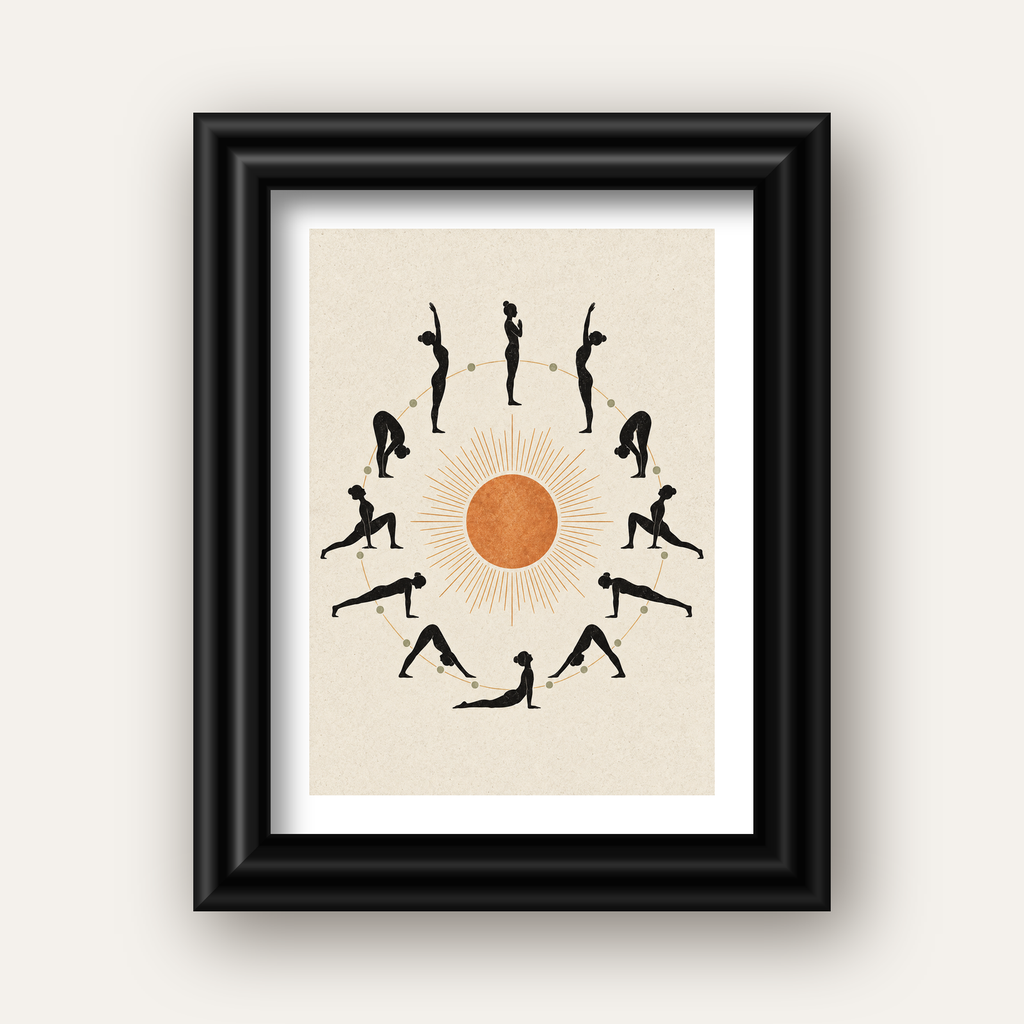 Güneş Selamı Döngüsü Yoga Poster — siyah galeri çerçeveli paspartulu